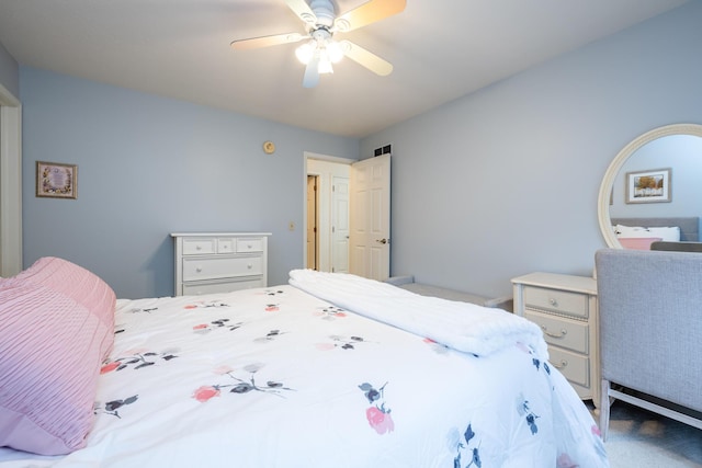 bedroom with ceiling fan and carpet