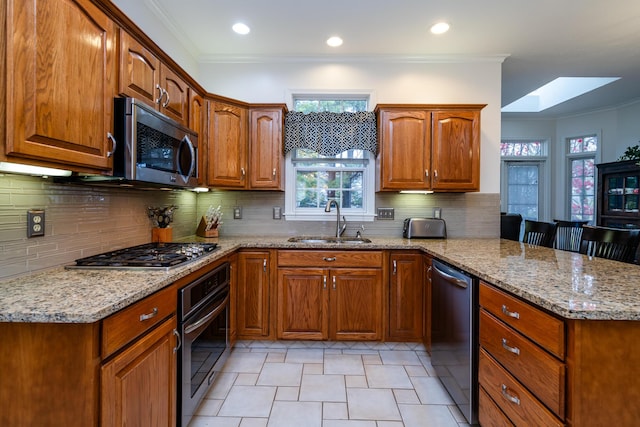 kitchen featuring sink, ornamental molding, decorative backsplash, a skylight, and appliances with stainless steel finishes