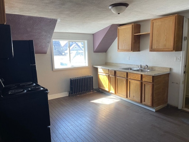 kitchen featuring a textured ceiling, black appliances, radiator, dark hardwood / wood-style flooring, and sink