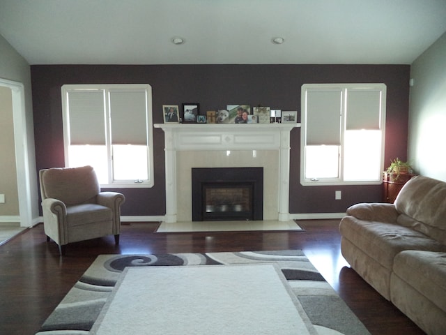 living room with dark wood-type flooring and a fireplace