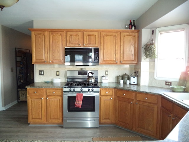 kitchen with dark hardwood / wood-style floors, stainless steel appliances, a wealth of natural light, and tasteful backsplash