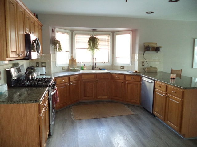 kitchen featuring decorative backsplash, sink, dark stone counters, stainless steel appliances, and dark hardwood / wood-style flooring