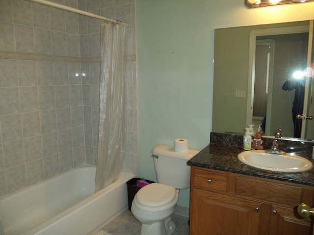 full bathroom featuring toilet, vanity, tile patterned flooring, and shower / bath combination with curtain