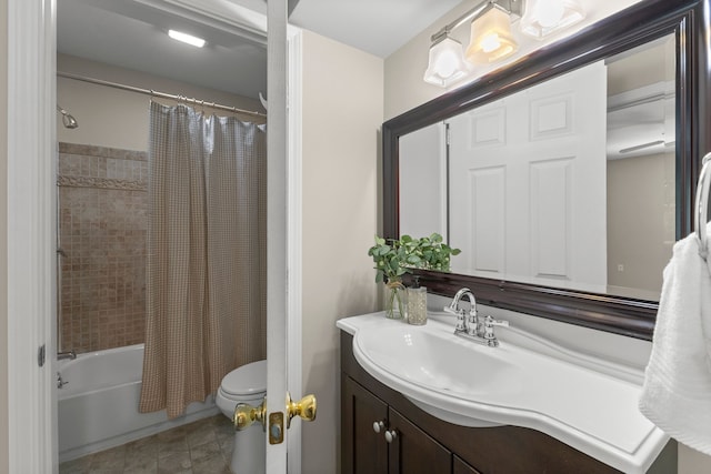 full bathroom with toilet, vanity, and shower / bath combination with curtain