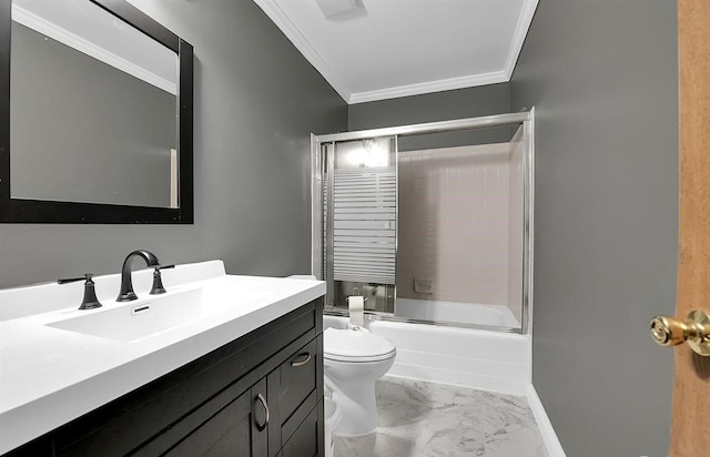 full bathroom featuring toilet, vanity, enclosed tub / shower combo, and crown molding