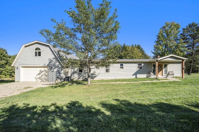 ranch-style house with a porch, a front lawn, and a garage