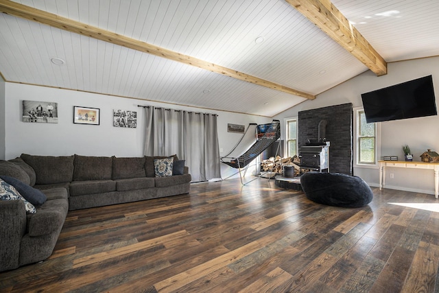 living room with wood ceiling, dark hardwood / wood-style flooring, vaulted ceiling with beams, and a wood stove