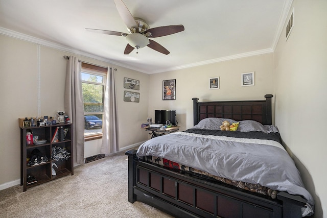 bedroom with light carpet, ceiling fan, and ornamental molding