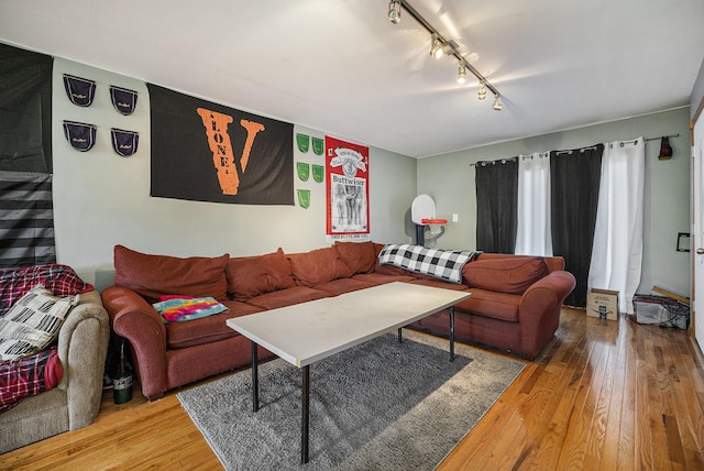 living room with rail lighting and hardwood / wood-style flooring