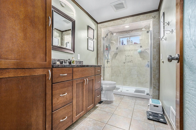 bathroom featuring toilet, walk in shower, vanity, tile patterned floors, and ornamental molding