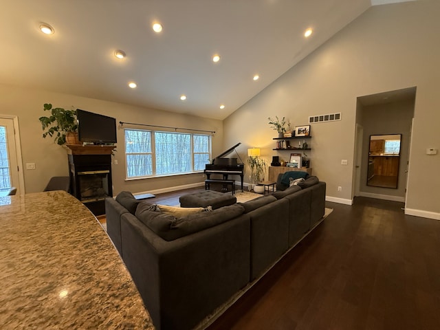 living room with high vaulted ceiling and dark hardwood / wood-style flooring