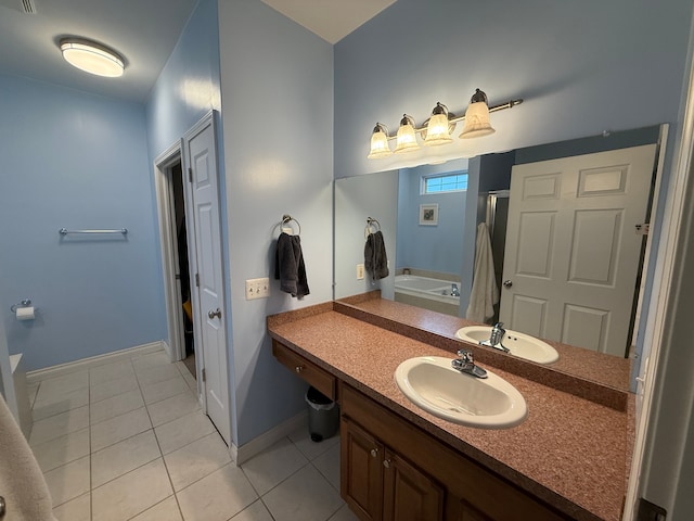 bathroom featuring vanity, tile patterned flooring, and plus walk in shower