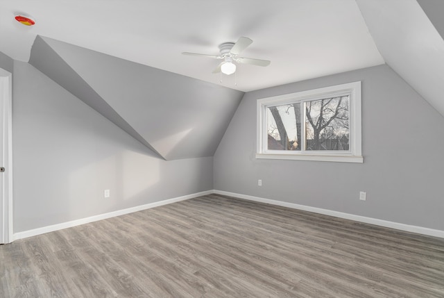 bonus room featuring wood-type flooring, vaulted ceiling, and ceiling fan