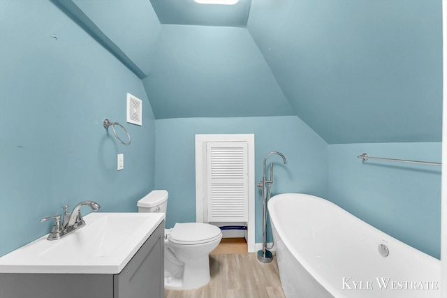 bathroom featuring toilet, vanity, a tub to relax in, and vaulted ceiling