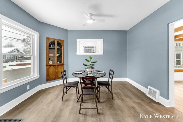 dining room with hardwood / wood-style floors, ceiling fan, and plenty of natural light