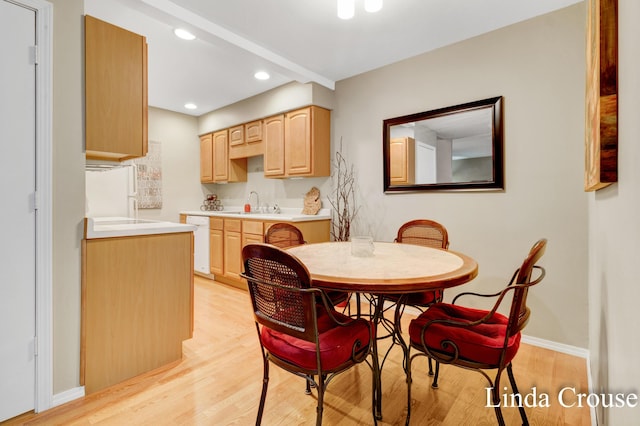 dining room featuring sink and light hardwood / wood-style flooring