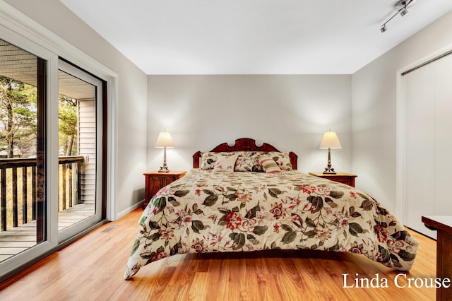 bedroom with a closet, access to exterior, and light wood-type flooring