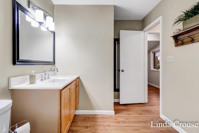 bathroom featuring toilet, vanity, and wood-type flooring