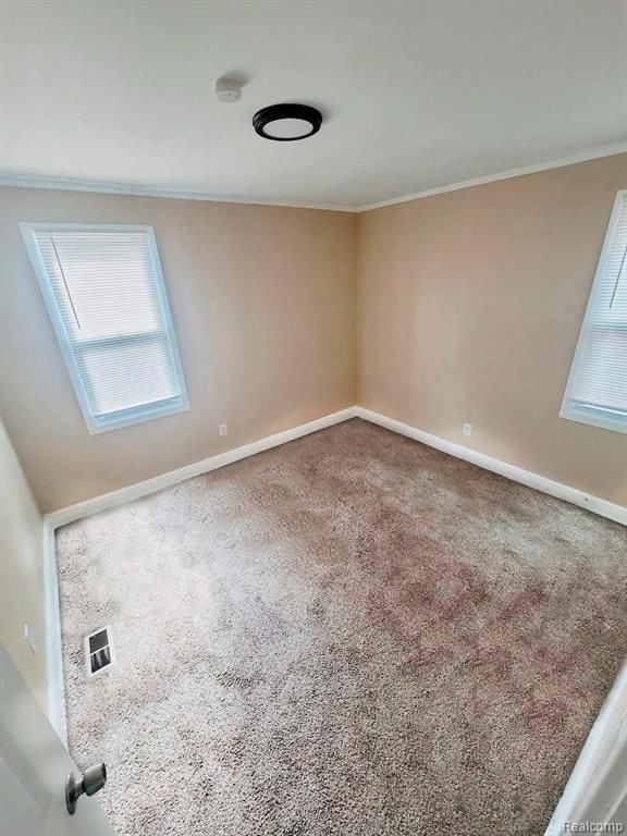 carpeted empty room featuring crown molding