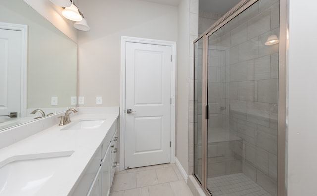 bathroom featuring vanity, walk in shower, and tile patterned floors