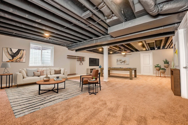 living room with light colored carpet