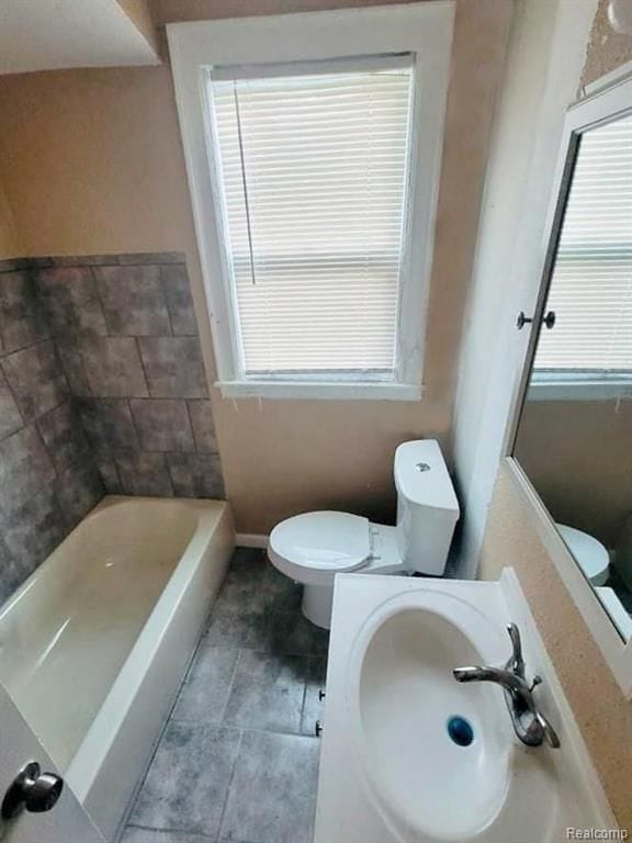 bathroom featuring toilet, vanity, and a bathing tub