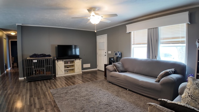 living room featuring ceiling fan, crown molding, and dark hardwood / wood-style floors