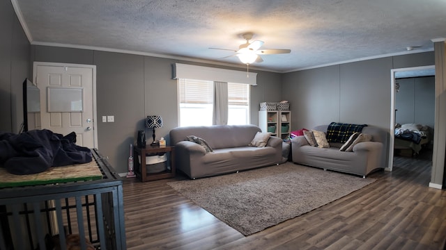 living room featuring ceiling fan, crown molding, dark hardwood / wood-style floors, and a textured ceiling