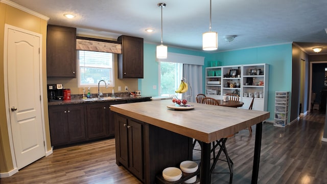 kitchen featuring sink, hanging light fixtures, dark brown cabinets, a kitchen island, and dark wood-type flooring