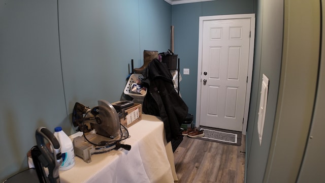 doorway to outside featuring ornamental molding and hardwood / wood-style floors