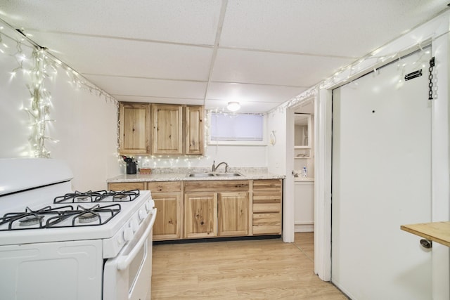 kitchen with sink, a paneled ceiling, light wood-type flooring, and white range with gas cooktop