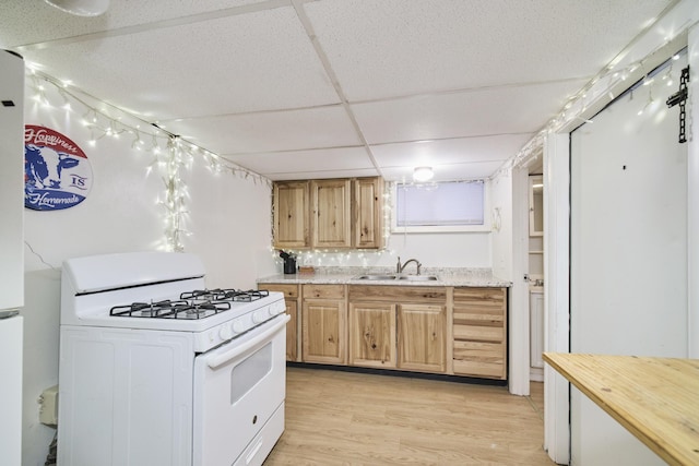 kitchen with sink, light hardwood / wood-style floors, white range with gas cooktop, and a drop ceiling