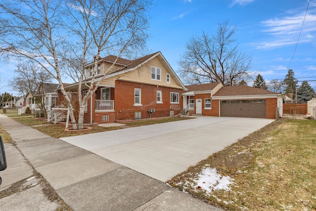 view of property exterior with a garage, fence, brick siding, a porch, and driveway