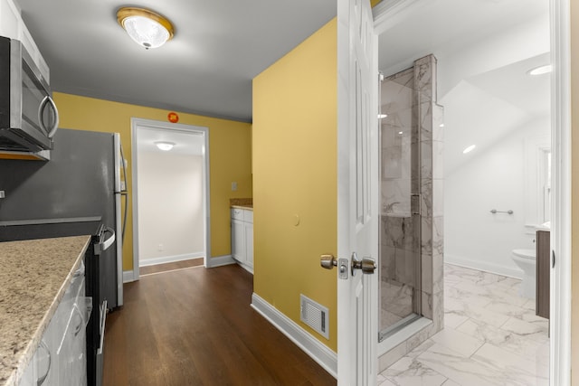 interior space featuring toilet, vanity, and walk in shower