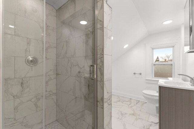 bathroom featuring vaulted ceiling, vanity, toilet, marble finish floor, and a marble finish shower