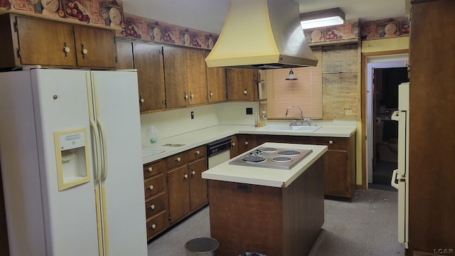 kitchen featuring sink, white appliances, island range hood, and a center island