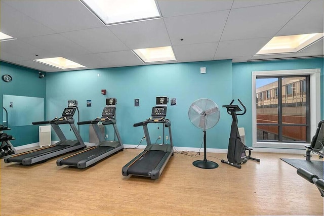 workout area with light wood-type flooring and a drop ceiling