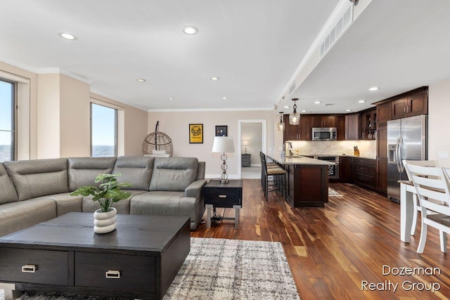 living room featuring ornamental molding, dark wood-type flooring, and sink