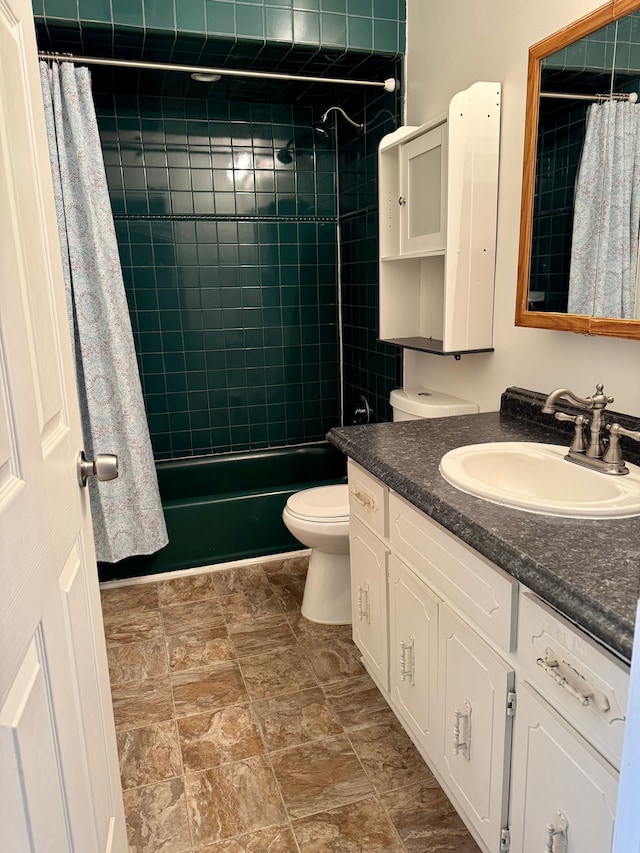 full bathroom with toilet, vanity, and shower / bath combo with shower curtain