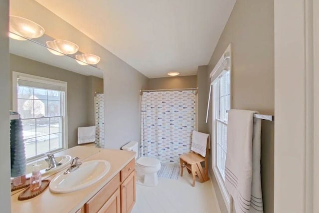 bathroom featuring vanity, toilet, and walk in shower