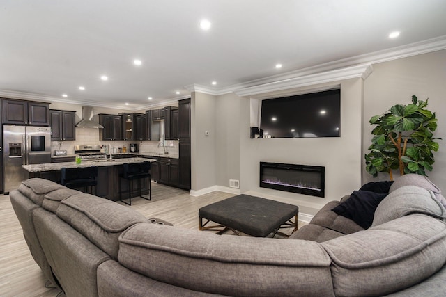 living room featuring ornamental molding, light hardwood / wood-style flooring, and sink