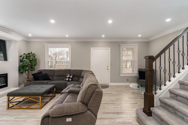 living room featuring ornamental molding and light hardwood / wood-style floors