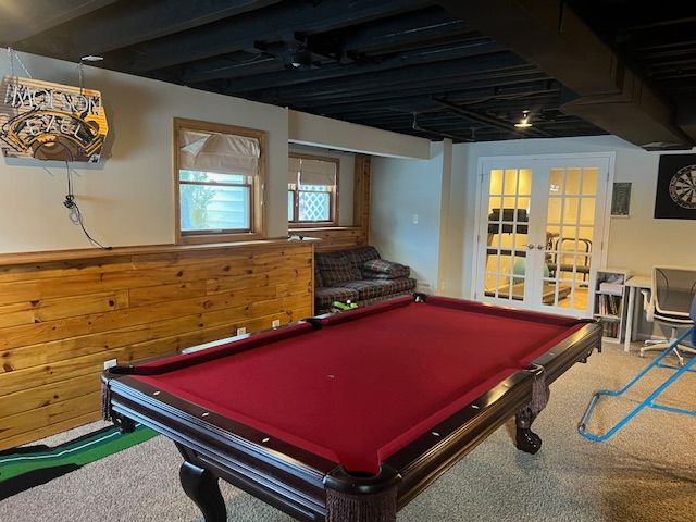 rec room featuring french doors, carpet flooring, and pool table