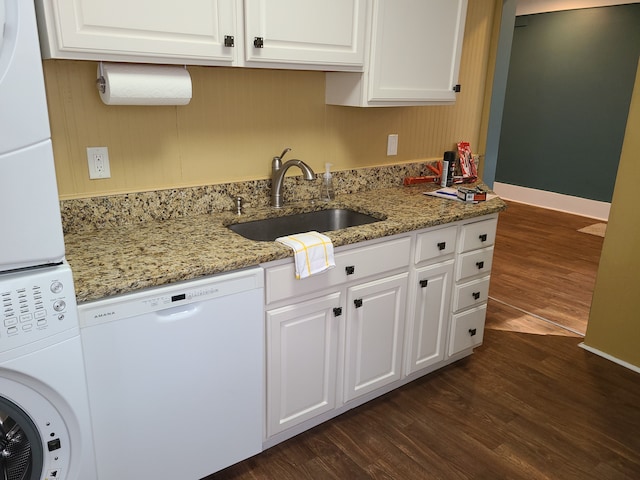 kitchen with white cabinets, dark wood-type flooring, dishwasher, and sink