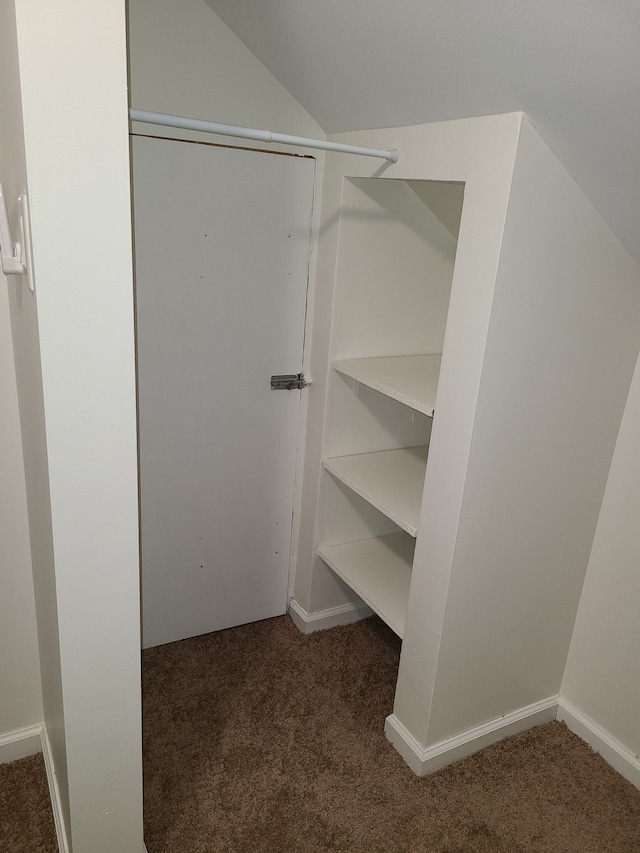 walk in closet with dark colored carpet and vaulted ceiling