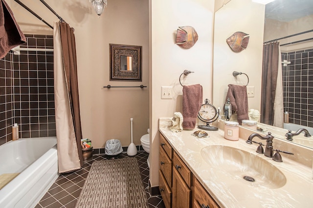 full bathroom with shower / bathtub combination with curtain, tile patterned flooring, vanity, and toilet