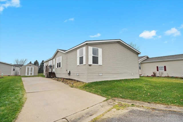 view of property exterior featuring an outbuilding and a yard