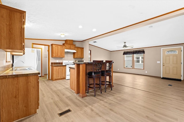 kitchen featuring ceiling fan, white range with gas stovetop, ornamental molding, and a breakfast bar