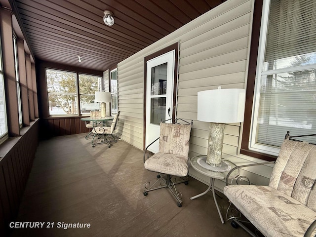 sunroom with wood ceiling