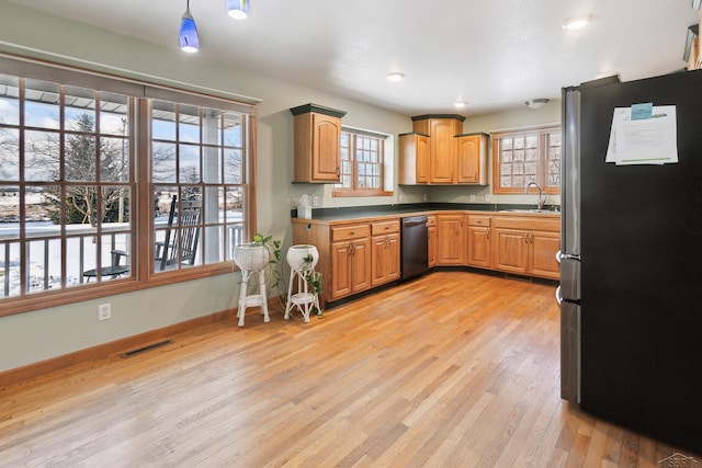 kitchen with light wood-type flooring, appliances with stainless steel finishes, pendant lighting, and sink